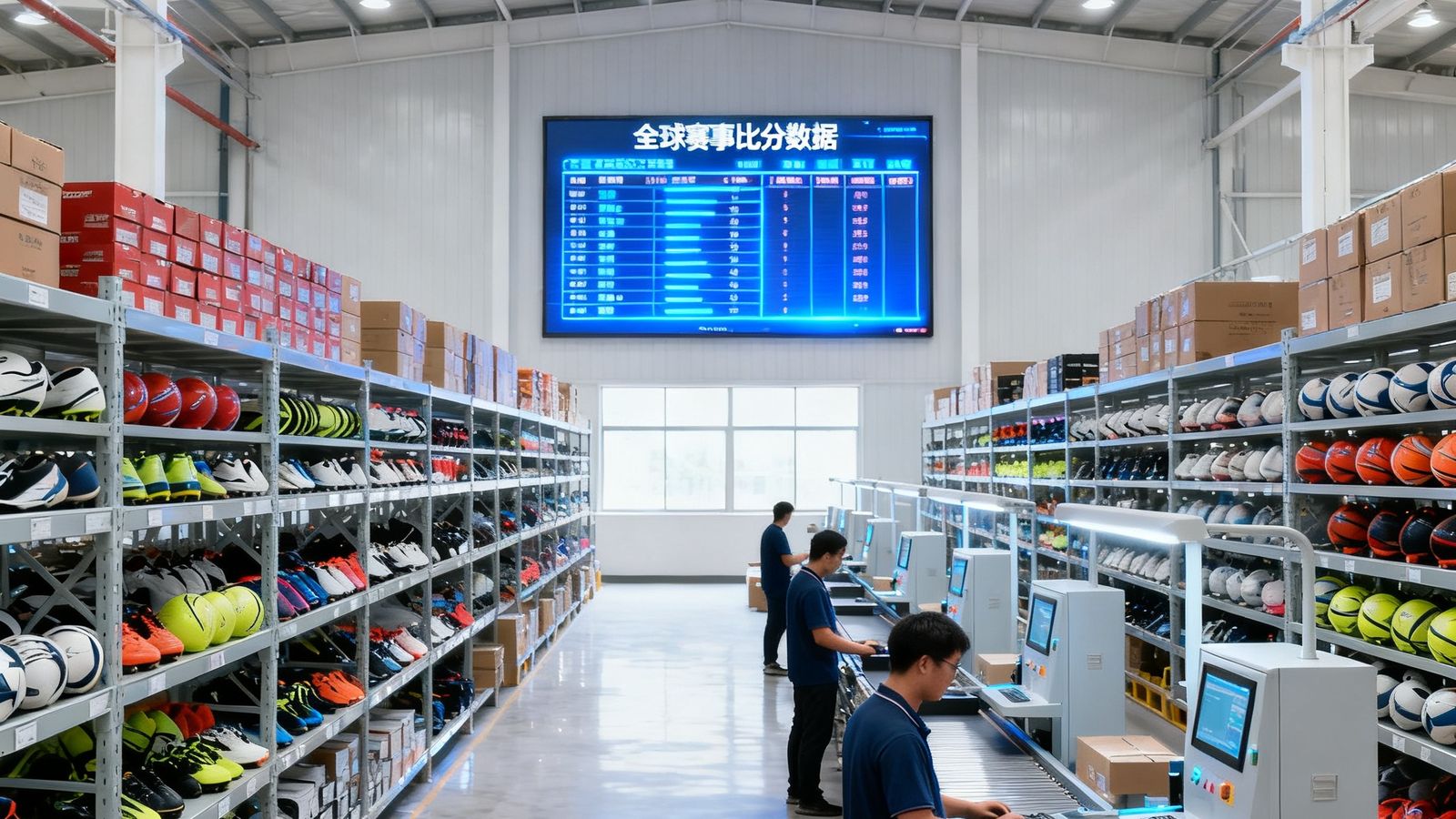 新球体育现代化仓储物流中心全景，宽敞明亮的仓库内整齐排列着各类运动器材货架，工作人员正在操作智能分拣系统，墙上电子大屏实时显示全球赛事比分数据