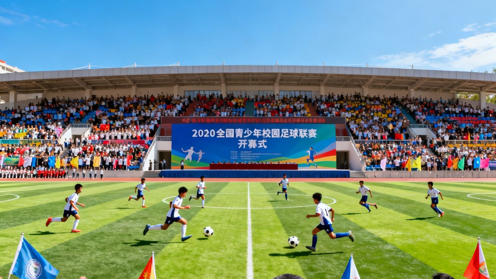 2025年全国青少年校园足球联赛开幕式现场，绿茵场上两支少年足球队正在激烈比拼，看台上坐满了热情的学生和家长观众，天空湛蓝阳光明媚
