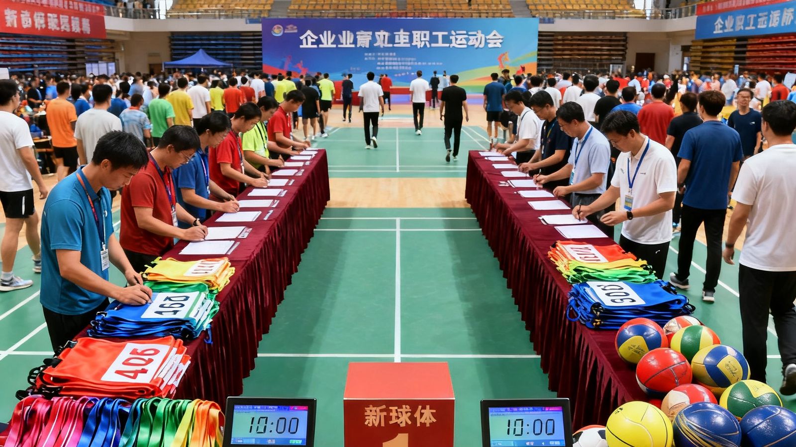 大型企事业单位职工运动会现场，新球体育提供的标准化赛事物资整齐布置在主席台两侧，包括彩色号码布、电子计时设备、颁奖台和各类比赛用球，参赛员工正在有序签到入场